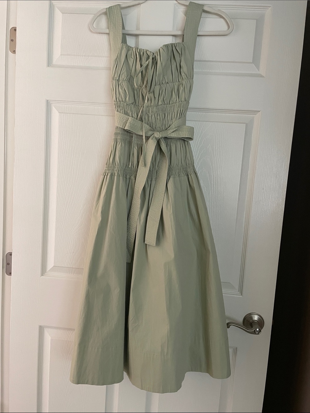 NEVER WORN AMYLYNN Sage Green Smocked Midi Dress with Tied Waist